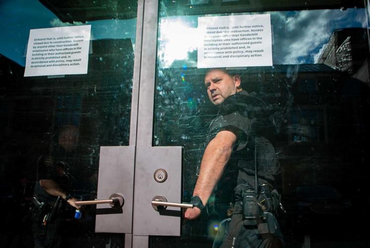 A Vanderbilt University Police Department officer in Kirkland Hall during an on-campus protest, March 26, 2024