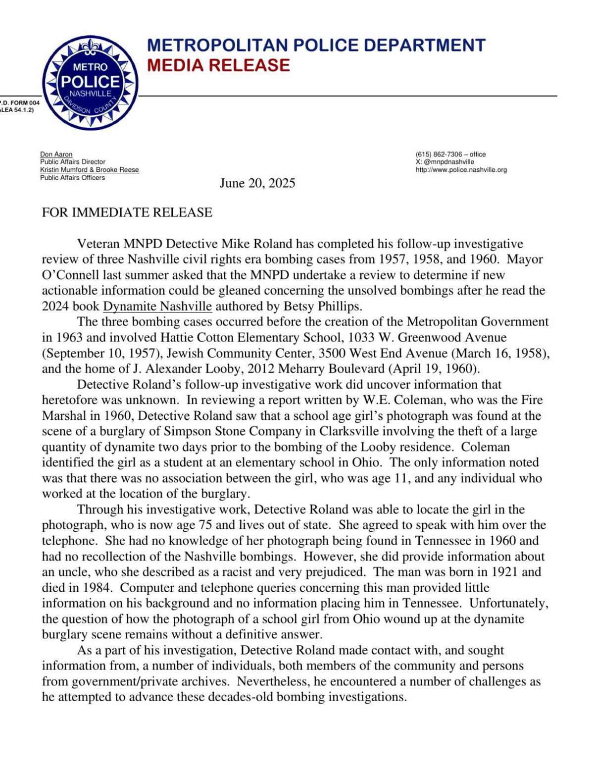 MNPD Cold Case Press Release