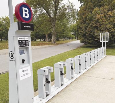 An empty BCycle station in Centennial Park