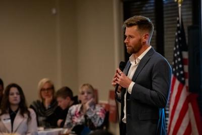 Turning Point USA senior director Josh Thifault speaks at a Williamson County GOP event at Franklin’s Temple Hills Country Club