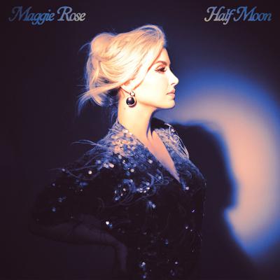 Cover art for Maggie Rose's 2026 album 'Half Moon,' featuring a washed out color photo of the artist's right profile against a dark background in a dimly lit studio that makes it look almost as if the picture is being taken outside at night.