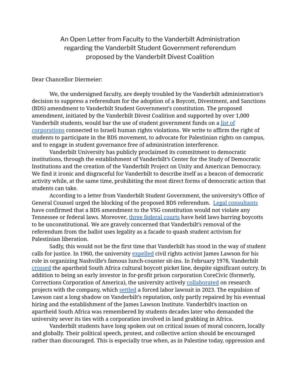 Vanderbilt faculty BDS letter