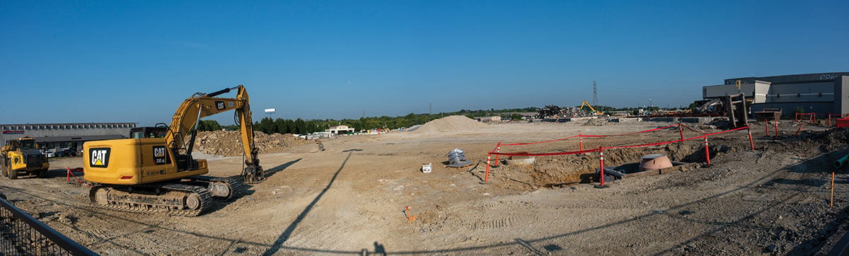 Panorama shot of a construction site at the former RiverGate Mall site