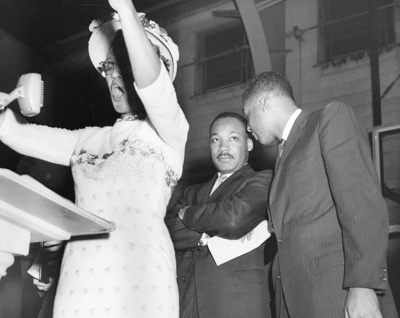 Dr. Martin Luther King Jr. (center) and the Rev. Kelly Miller Smith (right) at Fisk University, April 21, 1960