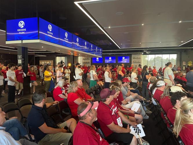 Opponents and supporters gather at Geodis Park for a meeting about the city’s proposed racetrack overhaul, July 25, 2023