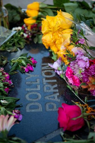 A memorial tribute to Dolly Parton at her star outside the Country Music Hall of Fame and Museum, photographed shortly after her death was announced on Aug. 25, 2026