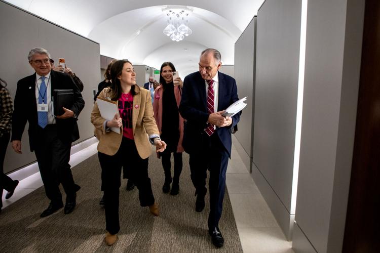 Planned Parenthood activists question Sen. Mark Pody in the Cordell Hull Building, Feb. 24, 2026