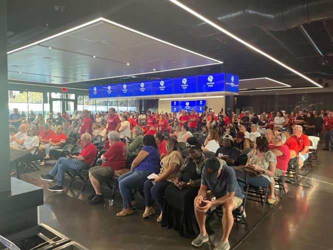 Opponents and supporters gather at Geodis Park for a meeting about the city’s proposed racetrack overhaul, July 25, 2023
