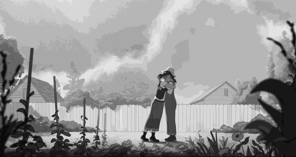 A black-and-white still of two characters embracing in the animated film Tangles