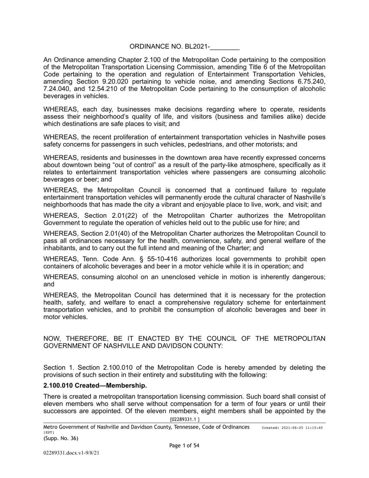 Entertainment Transportation Ordinance