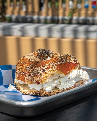 Color close-up photo of Bagelshop's spicy everything bagel with garlic feta schmear