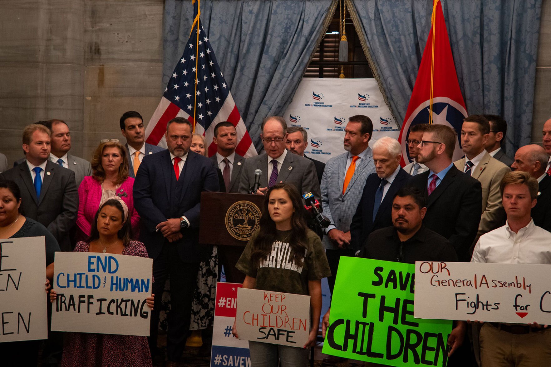 Sen. Jack Johnson speaks at a press conference alongside other Republican elected officials and representatives of the Tennessee Faith and Freedom Coalition