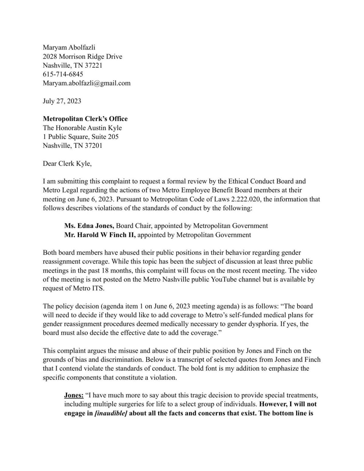 Metro Employee Benefit Board ethics complaint