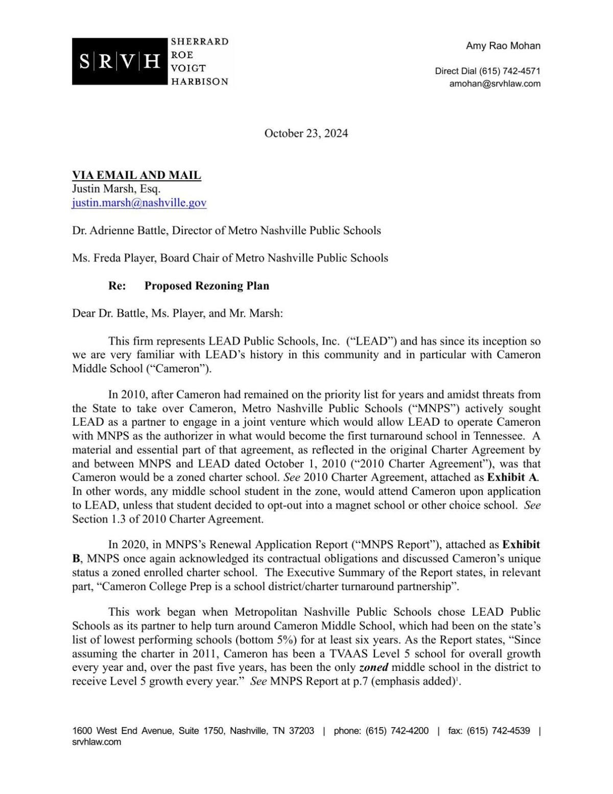Letter to MNPS About Cameron Middle School