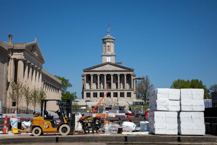 Construction equipment sits on Legislative Plaza, part of a months-long renovation project, April 9, 2026