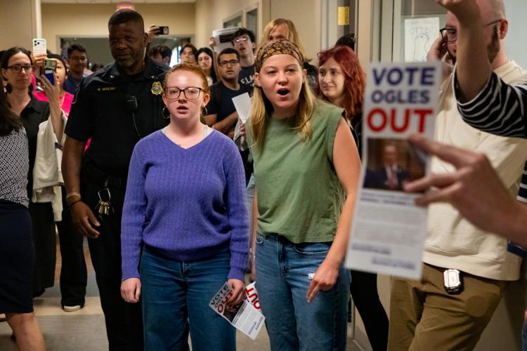 Belmont student protesters yell down the hall at U.S. Rep. Andy Ogles, April 27, 2026