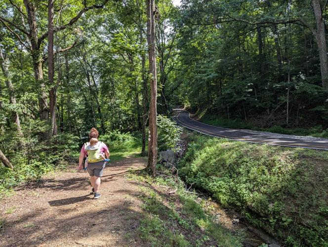 Color photo of a woman with a baby in a carrier on her back hiking along the Lone Rock Trail at Grundy Lakes in Grundy County, Tenn.