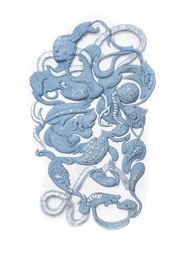 An abstracted sculpture that includes a woman’s face, various hands and feet, forms that allude to internal organs, strings of pearls and seashells.