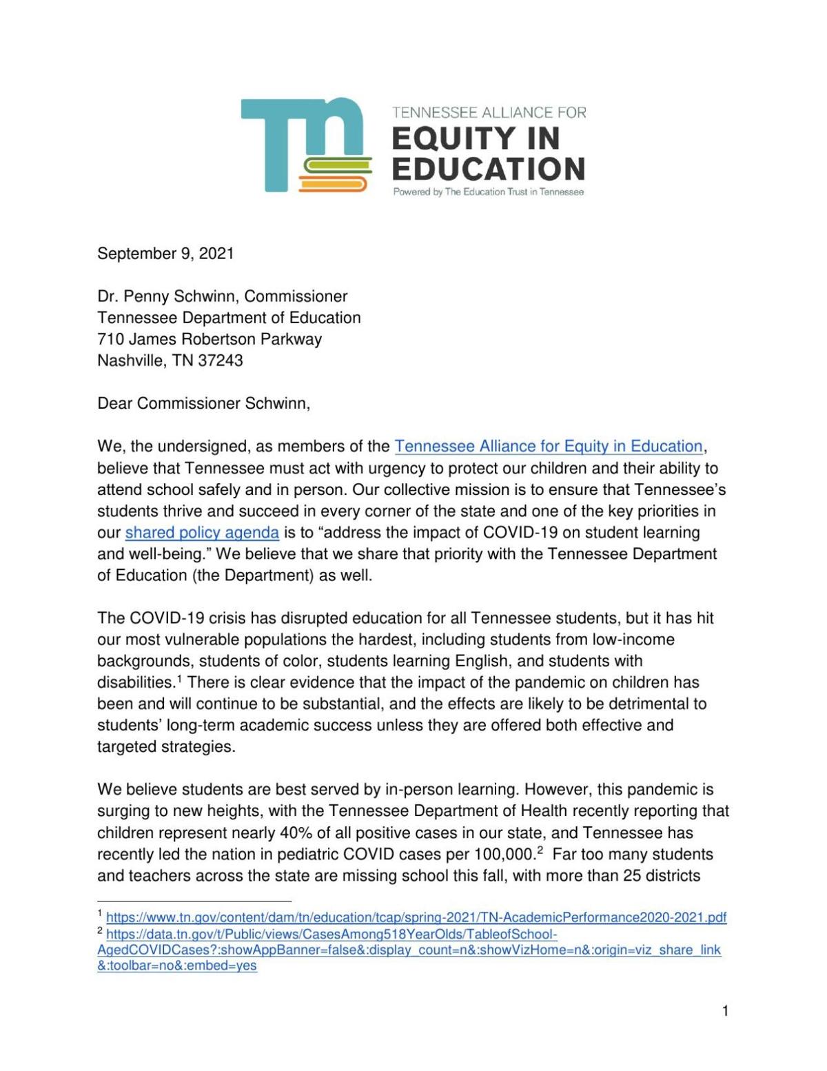Tn Alliance for Equity in Education Asks for Clarity Regarding COVID-19 Protocols in Schools