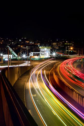 A long exposure of The Boring Company's Music City Loop worksite at night