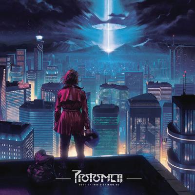 Cover illustration for The Protomen’s ‘Act III: The City Made Us,’ the Nashville Scene’s 2026 Writer’s Choice for Best Sequel, featuring a figure looking across a neon city skyline at a point of light breaking the clouds. The perspective makes it reminiscent of Freidrich’s ‘Wanderer Above the Sea of Fog.’