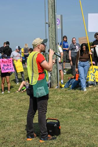 A speaker at the protest against Avelo Airlines