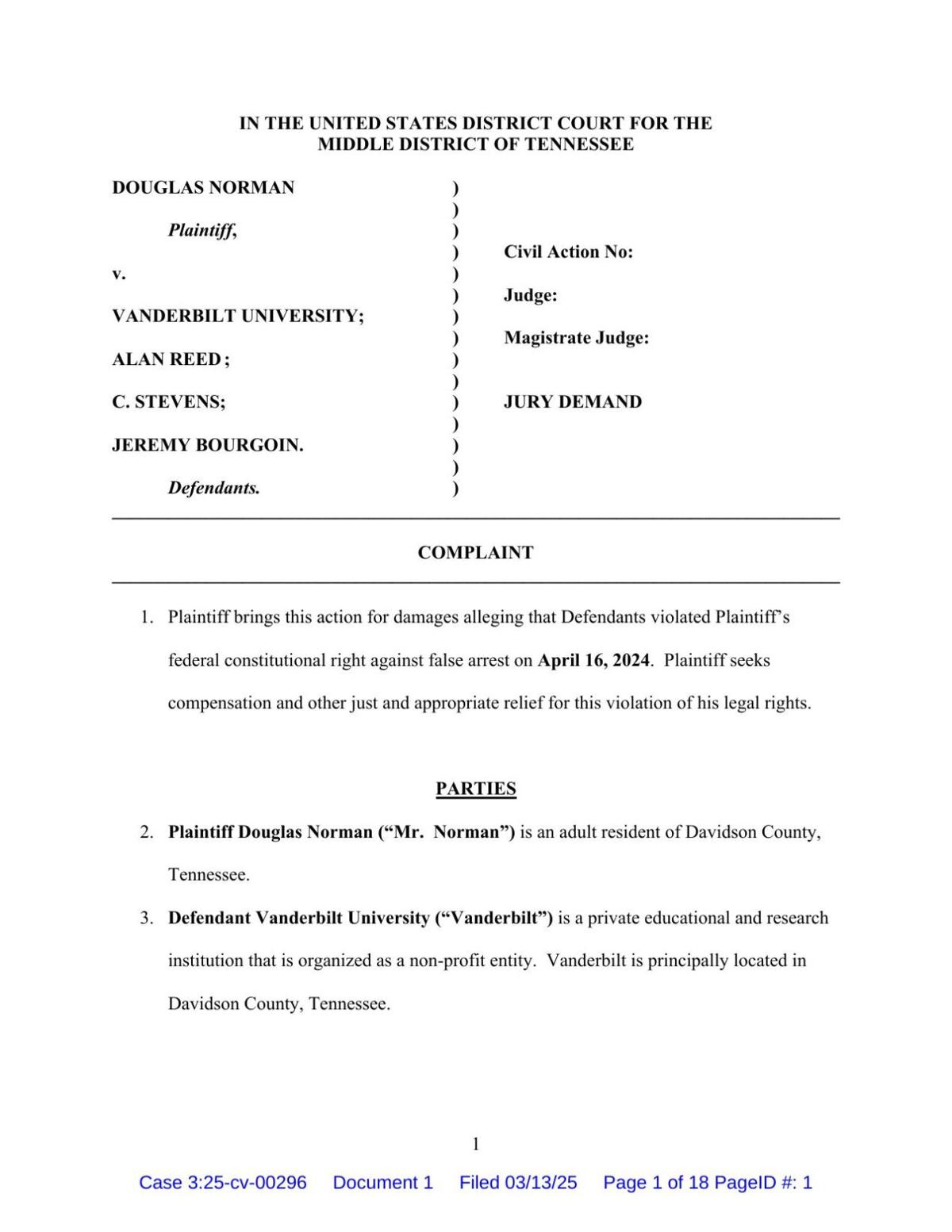 Vanderbilt Campus Arrest Suit