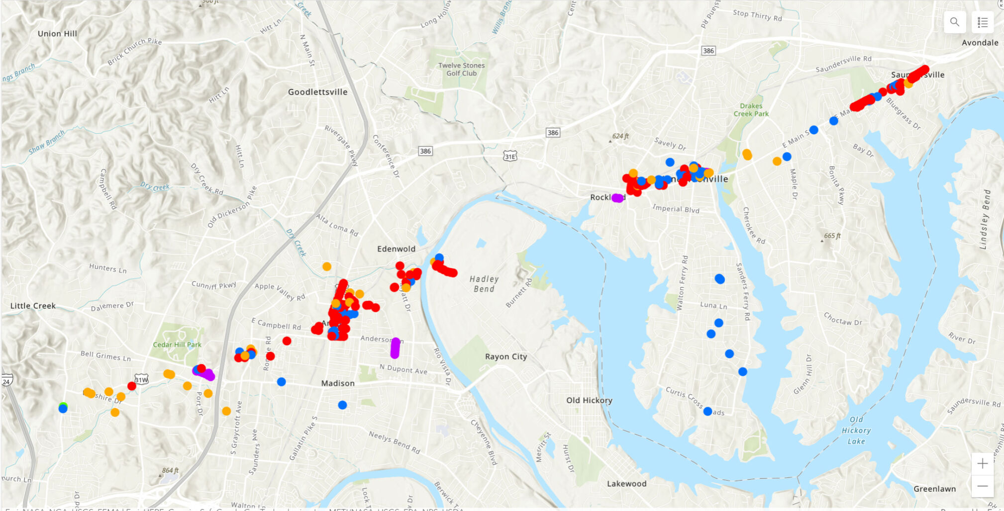 A map released by NES showing dozens of downed poles in Madison and Hendersonville