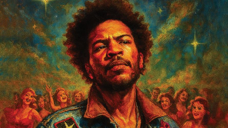 Buddy Red press image illustration like an oil painting of the artist standing in front of a crowd