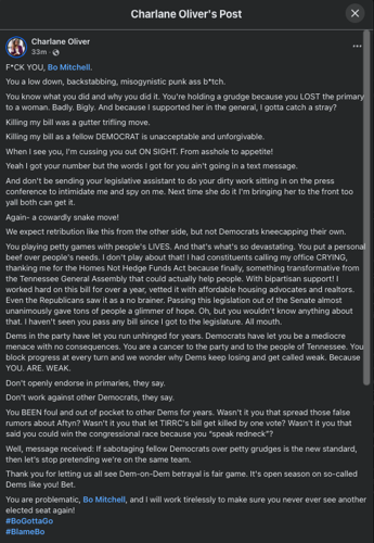A Facebook post from Charlane Oliver, March 13, 2026 (click to expand)
