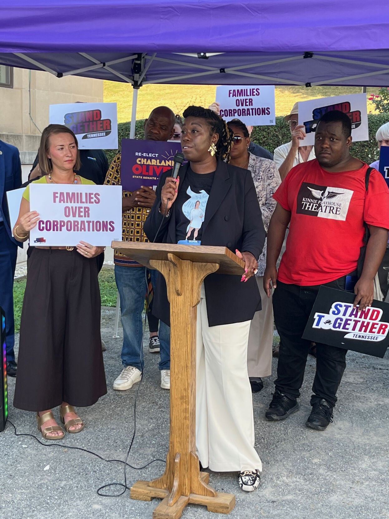 Charlane Oliver leads a press conference outside the Cordell Hull State Office Building, Sept. 21, 2026