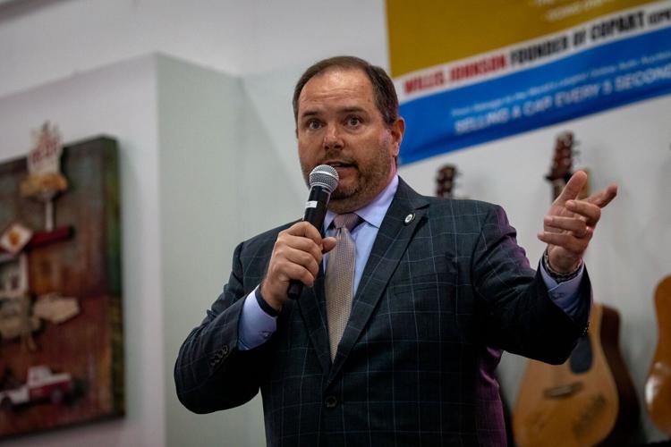 State Rep. Jody Barrett speaks to voters at a Franklin rally, Dec. 1, 2025