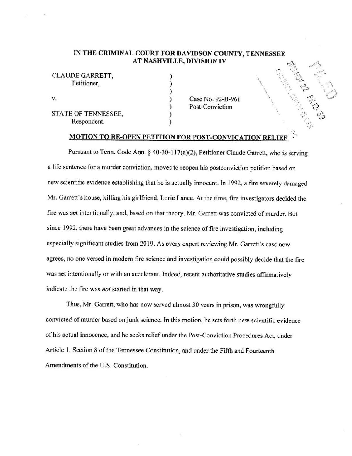 Tennessee Innocence Project Petition to Reopen Claude Garrett Case