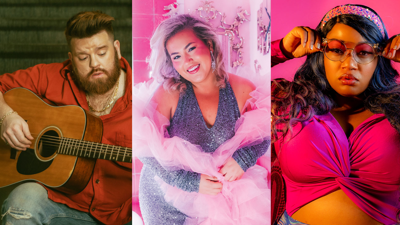 Composite photo featuring Fancy Hagood holding an acoustic guitar, Molly Grace wearing a feather boa in a pink bathroom and Saaneah giving a fierce look while adjusting her sunglasses.
