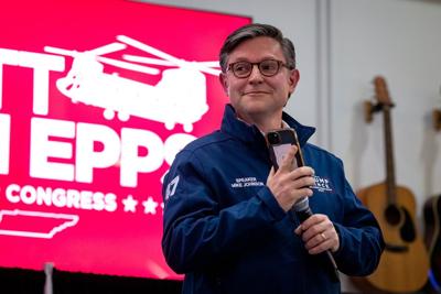 Speaker House Mike Johnson calls President Trump during a Franklin rally for Matt Van Epps, Dec. 1, 2025