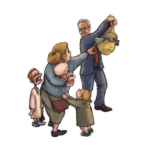 Illustration of Gov. Bill Lee taking groceries from a family