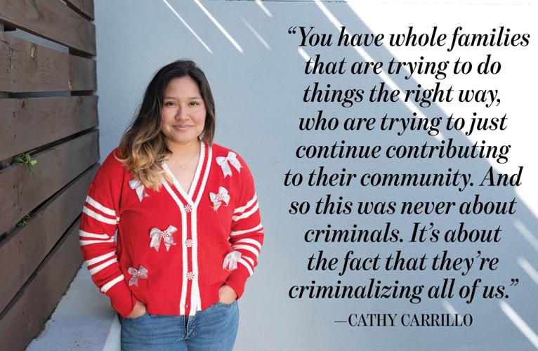 Photo of Cathy Carrillo standing against a wall with a pull-quote superimposed over the photo