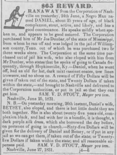 An Advertisement in The Nashville Banner and Nashville Whig about a Negro Man who ran away