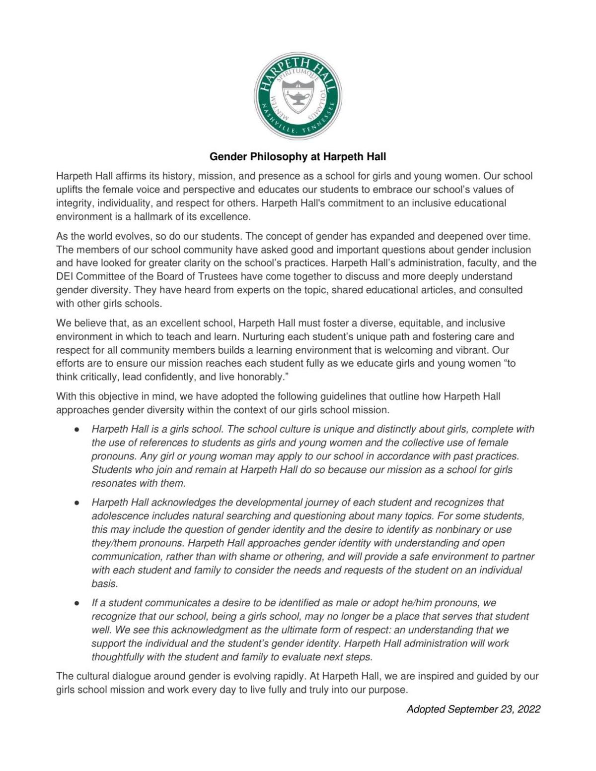 Adopted Harpeth Hall gender policy
