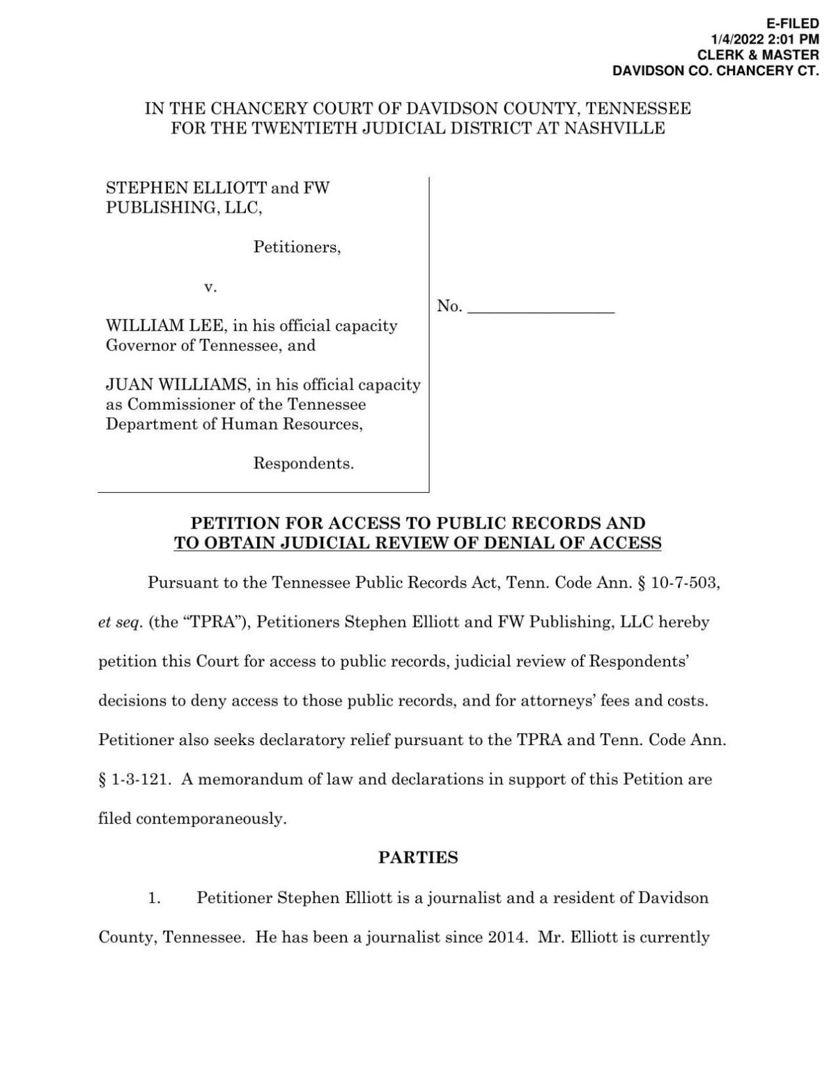 Stephen Elliott and FWP vs. Gov. Bill Lee