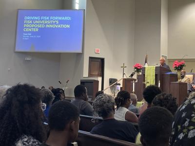 Fisk President Agenia Clark speaks at a town hall related to a proposed on-campus data center, June 29, 2026