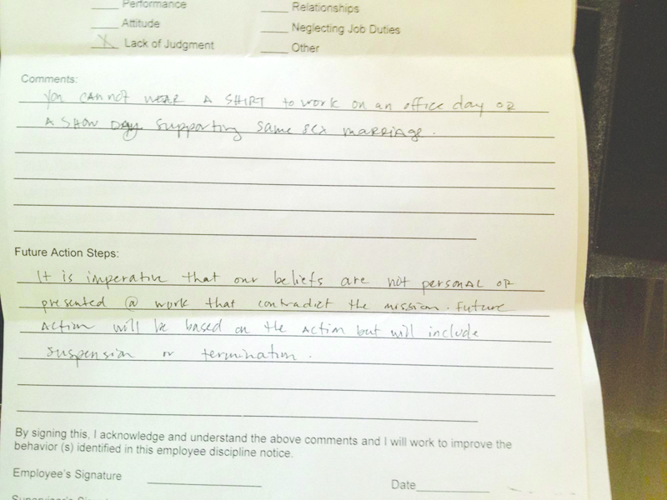 A Rocketown employee alleges he was fired for wearing a T-shirt supporting same-sex marriage