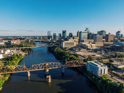 Aerial of Downtown Nashville Skyline with the Cumberland River
