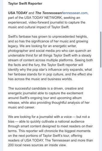 Gannett's listing for a dedicated Taylor Swift reporter position