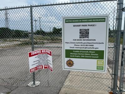 Signage posted at the future site of Wharf Park, May 20, 2026