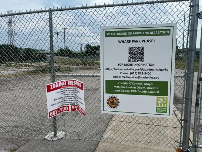 Signage posted at the future site of Wharf Park, May 20, 2026