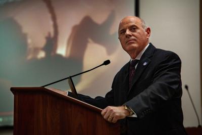Rep. Gino Bulso plays “Meet Baby Olivia” video during Franklin town hall on April 5