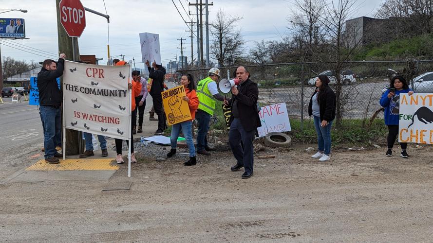 Labor advocates rally outside the construction site at 1330 Dickerson Pike