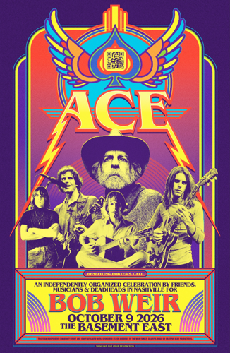 Poster art for the Porter's Call fundraiser ACE: A Tribute to the Life and Music of Bob Weir, taking place Oct. 9, 2026, at The Basement East. The design is reminiscent of the cover of Bob Weir's solo album 'Ace' and features a composite of several press photos of the late Weir from throughout his career.