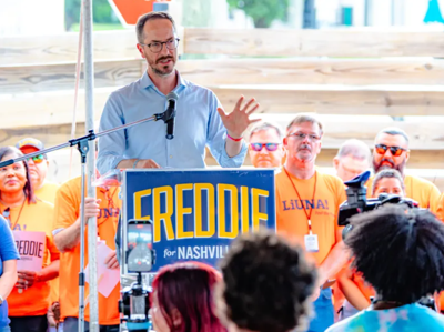 Mayor Freddie O'Connell speaks at his reelection kickoff event, July 13, 2026